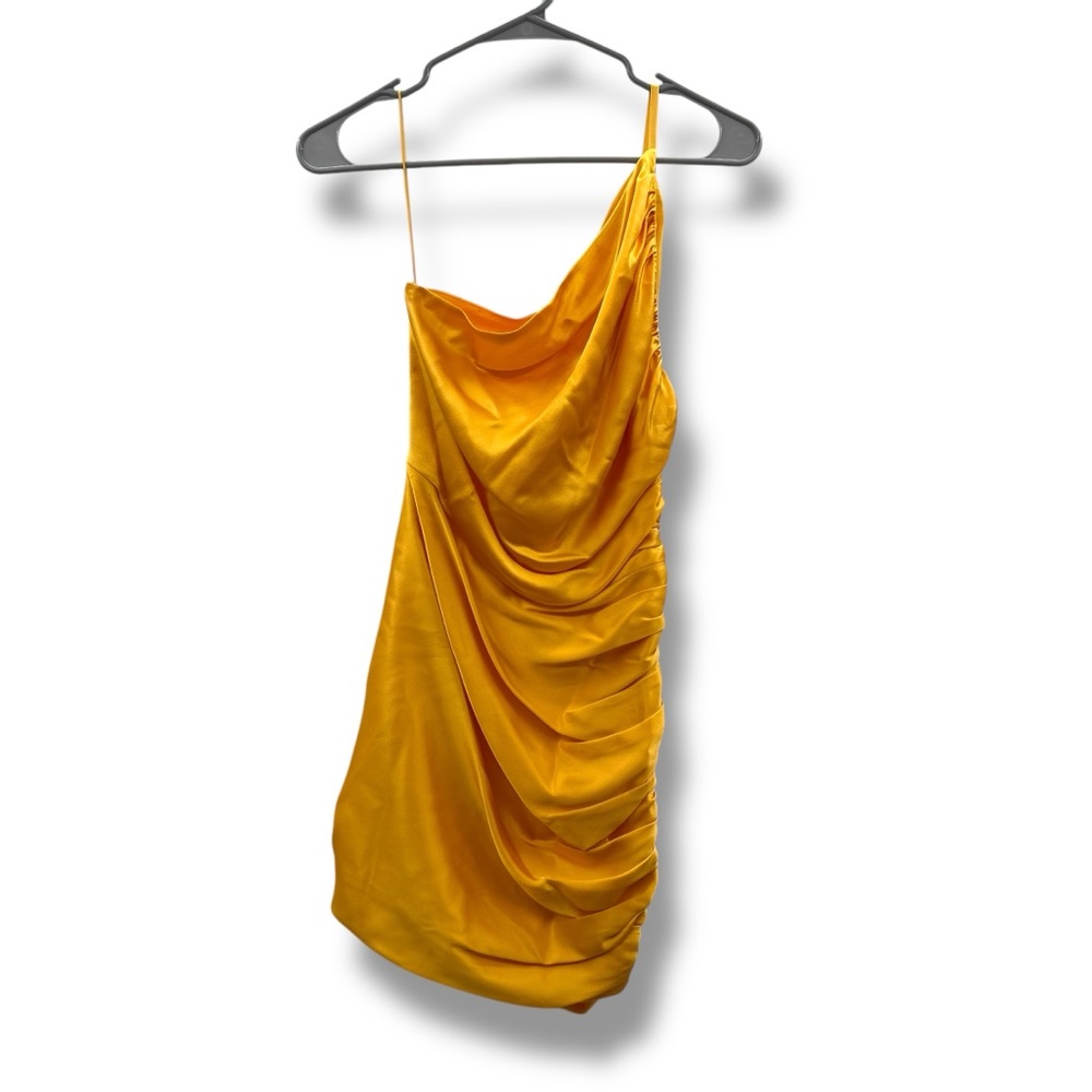 The Sei 100% Silk One Shoulder Ruched Mini Dress in Yolk Yellow Orange Sz‎ 0 NEW